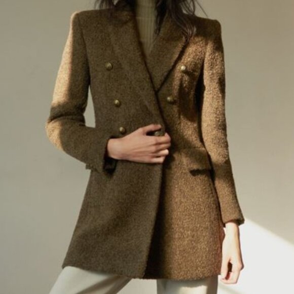 ZARA Long Double -Breasted Boucle Blazer Jacket Green Wool blend - Picture 1 of 10